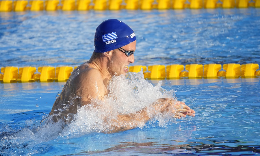 Winner Apostolos Papastamos of Greece competes at the men's 400m individual medley final during the European Aquatics Championships in Belgrade, Serbia, Monday, June 17, 2024. (AP Photo/Darko Bandic)